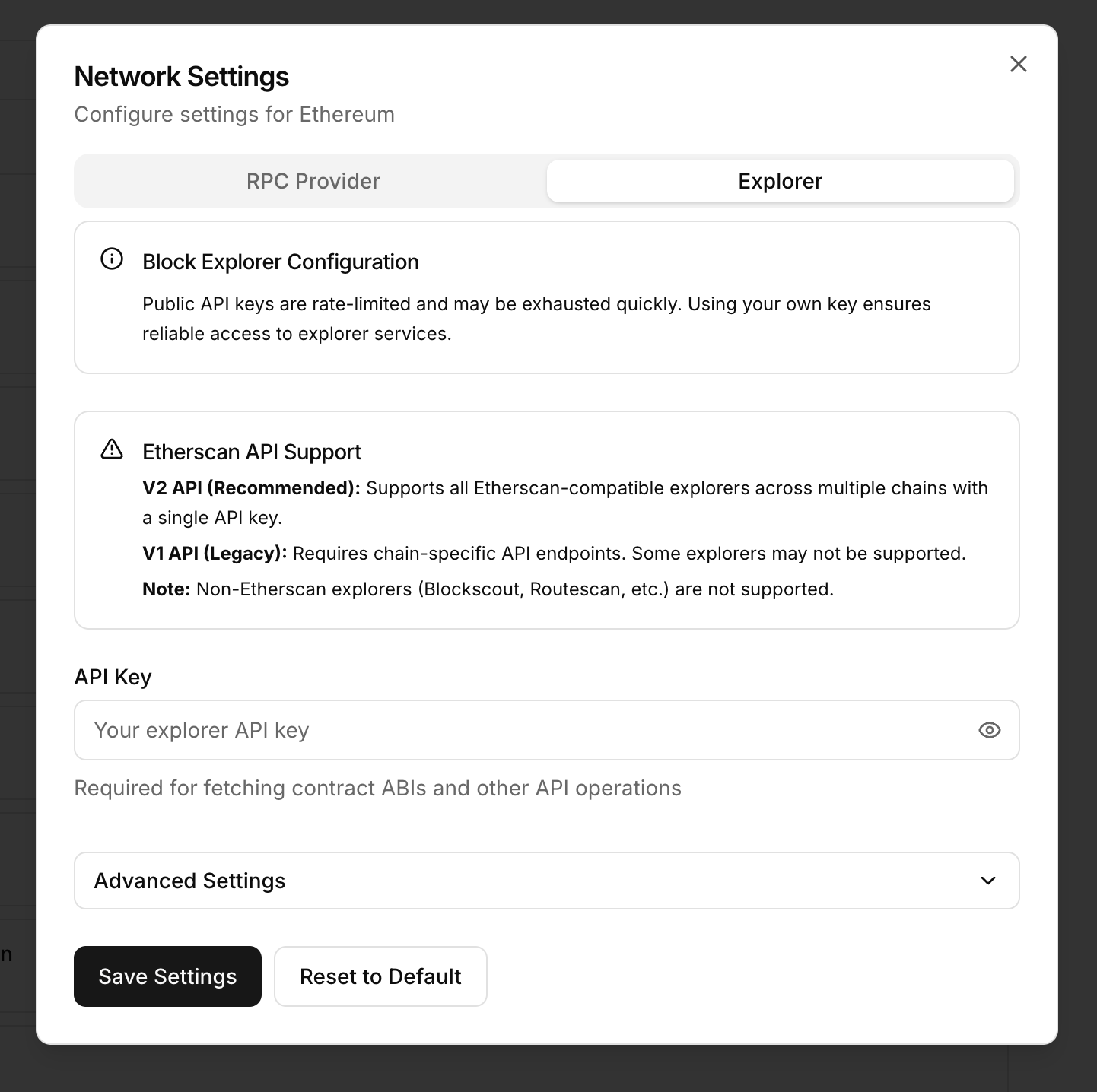 Networks explorer settings